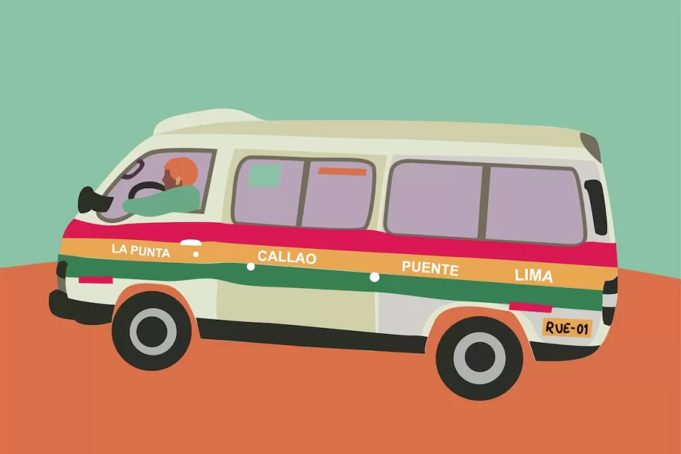 Digital drawing of orange Combi microbus popular in Lima, Peru.